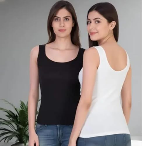 Image of Tank Top for Women | Cotton Regular Fit | Black White Western | Pack of 2 Combo (White & Black) (in, Alpha, M, Regular)