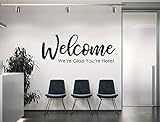 Sound Sayings Vinyl Wall Art Decal | Welcome We're Glad You're Here | Door Sign Church Worship Sanctuary Business Shop Company (White, 18 x 6.9 Inches)
