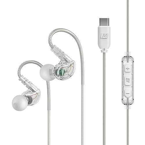 Image of MEE Audio M6 Sport USB-C Wired Earbuds with Memory Wire Earhooks, Headset with Mic & 3-Button Remote for iPhone 15, iPad, Other USB Type C Devices; in Ear Headphones for Running /Gym /Workouts, Clear