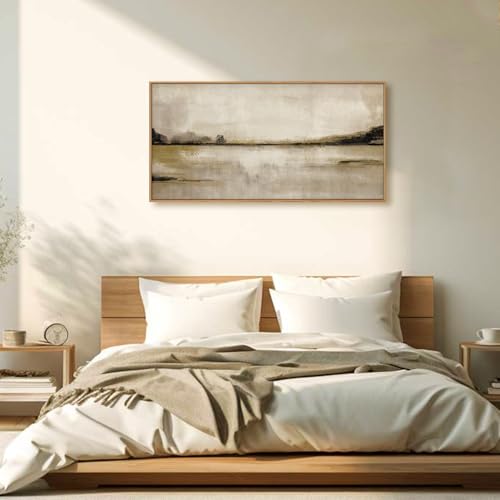 Image of KAIRNE Neutral Abstract Landscape Framed Canvas Wall Art Set, Retro Mountain Lake Wall Decor, Vintage Tan Scenery Art Prints, Modern Nature Artwork for Living Room,Bedroom,Farmhouse,Office-40 x20 x1