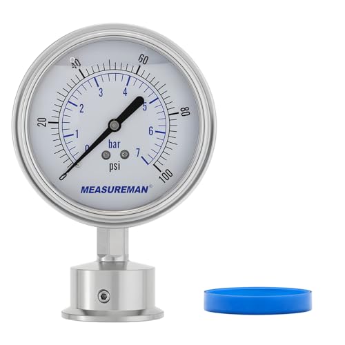 MEASUREMAN 0-100 PSI Sanitary Pressure Gauge – Liquid Filled Stainless Steel for Brewery & Food Processing, 4″ Dial with 1.5″ Tri-Clamp Bottom Mount