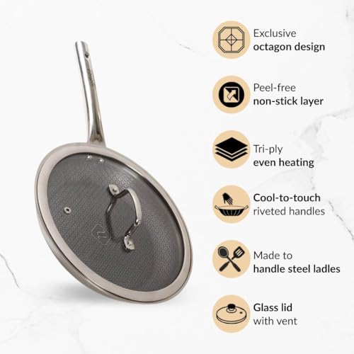 Image of Nestasia Triply Stainless Steel Honeycomb Fry Pan with Glass Lid 24 cm (1.75L) - Non Stick Frying Pan with Air Vent Lid for Healthy Cooking | Induction & Gas Stove Friendly, Even Heating, Less Oil Use