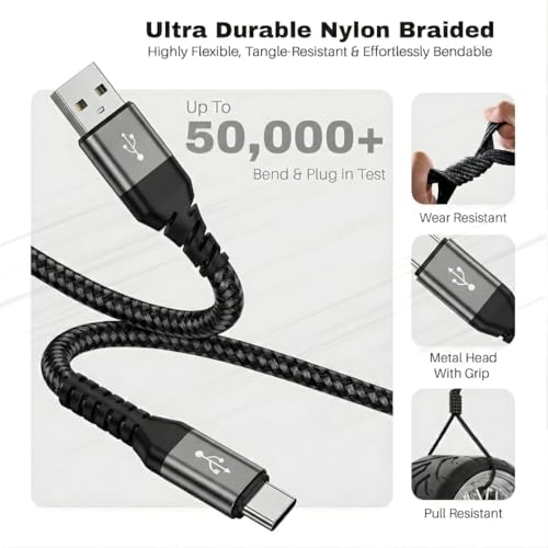 Image of USB to Type C Fast Charging Cable with Data Sync, Durable Grey Nylon Braided, Compatible with Samsung, Redmi, Realme, OnePlus, Vivo & All Type C Devices (Free Cable Protector)
