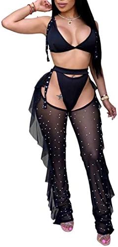 OLUOLIN Women Sexy Perspective Sheer Mesh Long Pants Hollow Ruffle Bikini Bottom Cover up Black