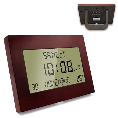 Fishtec - Horloge Réveil Numérique Murale Radiopilotée Motif Bois - Grand Écran LCD 23 x 16 cm - Affichage Date, Jour, Heure et Température - 8 Langues - À Poser...