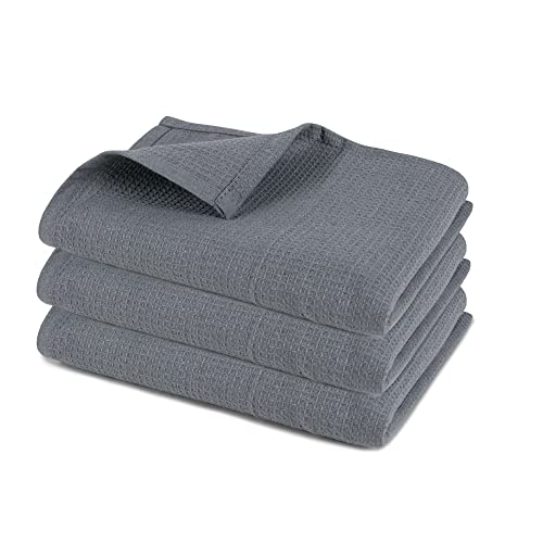 Pagnanno Set of 3 Tea Towels and Waffle Weave Hotel Quality Professional Cotton Tea Towels 45 x 70 cm, Waffle, Grey
