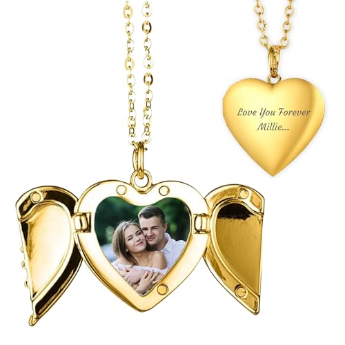 Image of Print Maniacs Personalised Heart Locket Necklace with Engraved Text and Photo Mother Day Birthday for Mum Thoughtful Memorial Gifts, for Mum, Girlfriend, Women, and Girls Gold