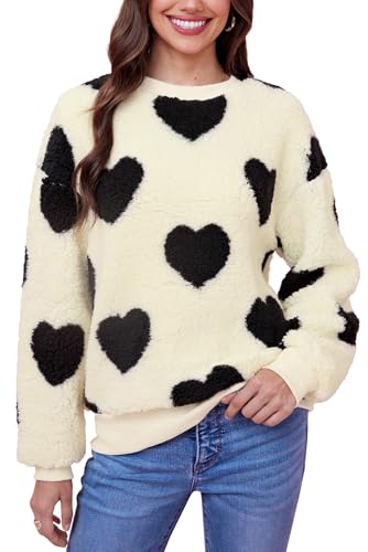 ALIREVERIE Sweat-shirt en polaire pelucheuse pour femme Motif cœur, noir, Medium