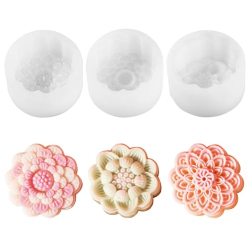 JOONOR 3 Pieces Mooncake Soap Silicone Mold Floral Pattern Mold for DIY Handmade Soap, Cake, Fondant, Chocolate, Plaster Clay, Ornament, Candle Making,Flower B
