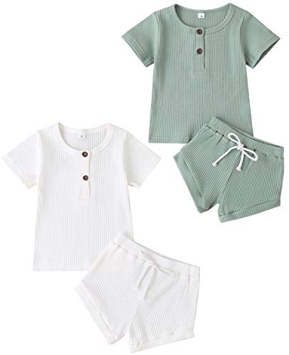 Image of Amuhou Unisex Baby Short Sleeve T-shirts and Shorts Sets Stripe for Newborn Infant Toddler Boy Girls (White/Light Green, 0-6 Months)