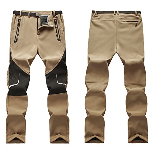 Men's Cargo Trousers Fleece Softshell Tracksuit Bottoms Waterproof Outdoor Warm Thicken Padded Hiking Ski Pants Winter Warm Ski Trousers Outdoor Hiking Walking Camping Pants with Zip Pockets Khaki