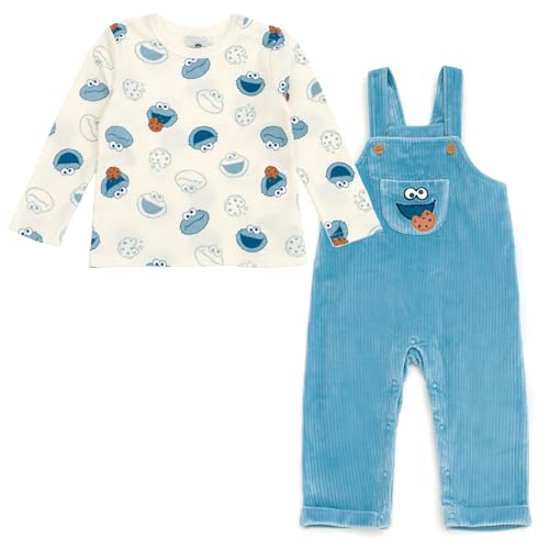 Sesame Street Cookie Monster Newborn Baby Boys Corduroy Ribbed Overall and T-Shirt Outfit Set Blue/White 0-3 Months