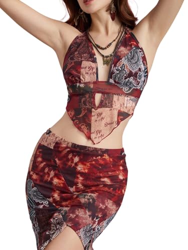 Image of Verdusa Women's 2 Piece Boho Skirt Sets Going Out Backless Halter Top with Split Skirt Rave Festival Outfits Western Clothes