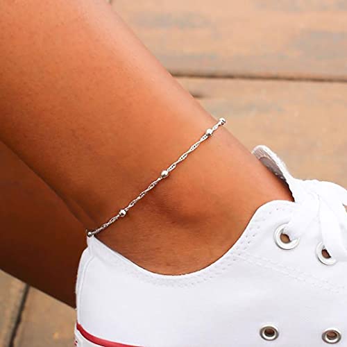 Tasiso Silver Plated Satellite Chain Anklet For Women Beaded Twisted Chain Anklet Minimalist Everyday Ankle Bracelet 8.3" #TOP1