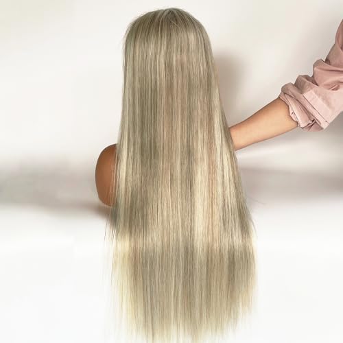 Image of Munx Ash Blonde Balayage Wig Human Hair Full Ends 13x6 HD Lace Front Wigs Human Hair 180% Density Brown Mix Blonde Highlights Ombre Lace Front Wig for White Women 22 Inch Pre Plucked Hairline