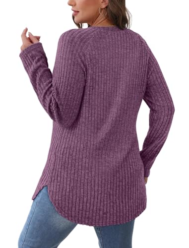 Image of Saloogoe Long Sleeve Shirts for Women 2025 Fall Clothes Tunic Tops Loose Fit Dressy Crewneck Pullover Sweaters Curved Hem