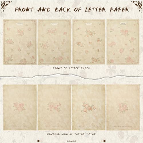 LELE LIFE Conjunto de papel e envelopes florais vintage, 4 designs de papelaria com forro antigo env