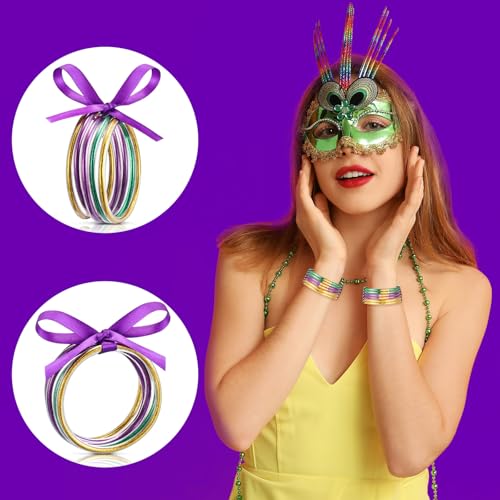 Tondiamo Mardi Gras Bracelets Glitter Jelly Bangles Filled Jelly Silicone Bracelets with Bowknot Stackable jewelry Purple Green Gold Bangles for Women Carnival Parade Party Favors3