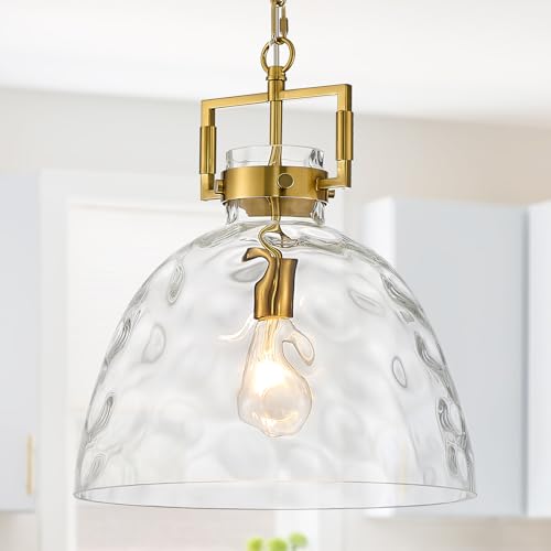 Image of 13.8 inch Gold Glass Pendant Light, Clear Glass, E26 Hanging Light | 13.8 inch gold clear glass pendant light with adjustable chain, E26 socket for kitchen islands and dining rooms