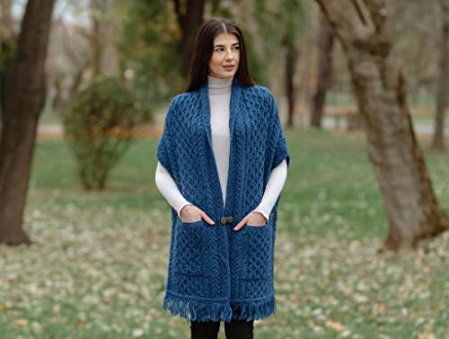 Image of SAOL 100% Merino Wool Shawl /Poncho Sweater /Open Cardigan /Wool Cape with Pockets with Fringe Trim and Trinity Knot Button