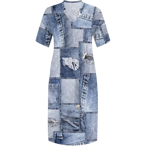 Image of SUZONANA Plus Size Denim Print Dresses for Women V Neck Short Sleeve Maxi Dress with Pockets Soft Jean Look Summer T Shirt Dress Western Casual Outfits 2XL