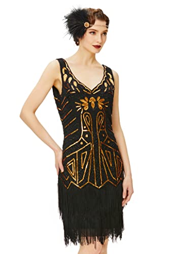 BABEYOND Damen Retro 1920er Stil Flapper Kleider mit Zwei Schichten Troddel V Ausschnitt Great...