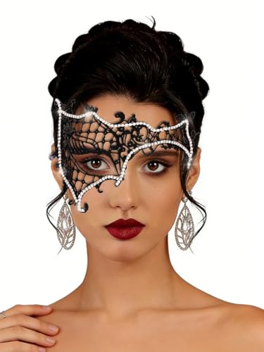 Bounzhi Masquerade Mask Rhinestone Venetian Lace Masks Fashion Party Eyemask Mask Ball Costume Accessory for Women（R） (A)
