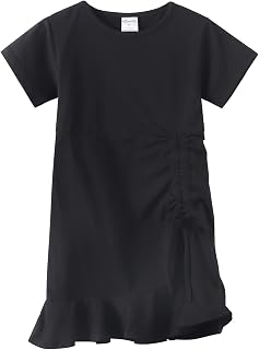 Girls Side Cinched Ruffle Dress Short Sleeve Casual Drawstring Tie Cotton Dresses (4-12 Years)