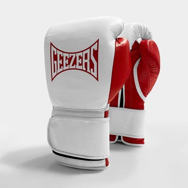 Geezers Boxing Hammer Training/Sparring Boxing Gloves 2.0, Hook & loop gloves, Mens Womens Boxing gloves, ideal for punch bag, sparring Training and mitts pads workout. (14oz, White/Red)