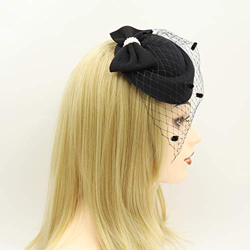 Umeepar Pillbox Fascinator Hat For Women Wedding Tea Party Hat Headband Hair Clip With Veil (Bowknot Style Black) #TOP3