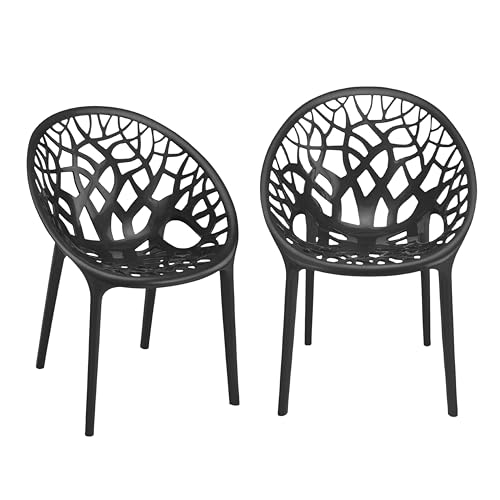 Image of Oaknest Neelkamal Crystal Plastic Chair - Stylish Tree-Design Backrest, Lightweight & Durable for Home, Garden & Patio (Iron Black), Set of 2 Piece
