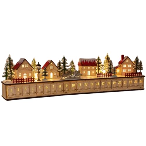 Light-Up Wooden Christmas Village Advent Calendar with 24 Fillable Drawers LED Holiday Countdown Decoration Reusable Tabletop Christmas Village Display for Family Holiday Decor (1PC)