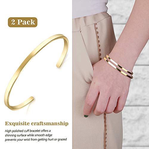 Lolalet 2 Pack Oval Thin Cuff Bracelet, For Girlfriend Wife Mom, 18K Rose Gold/Gold Plated Couples Love Bracelets, Plain Polished Finish Bangle Jewelry Gift For Men Women -Gold #TOP3