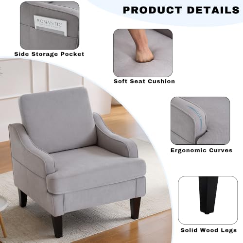 Image of Set of 2 Accent Chair for Living Room,Mid-Century Arm Chair Fabric Living Room Chairs,Upholstered Reading Chair for Bedroom,Single Sofa Chair with Wood Legs for Apartment (Grey)