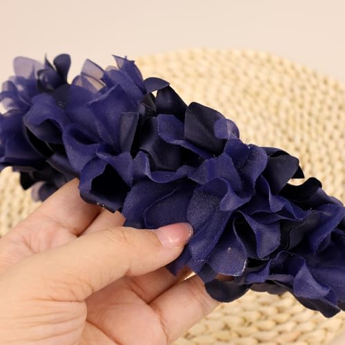 Baby Girls Flower Headband Soft Chiffon Gauze Floral Cluster Baby Headpiece Bridal Wedding Party Fabric Flower Pearl Head Accessories for Little girl (Flower 2 - dark blue, Elastic)3