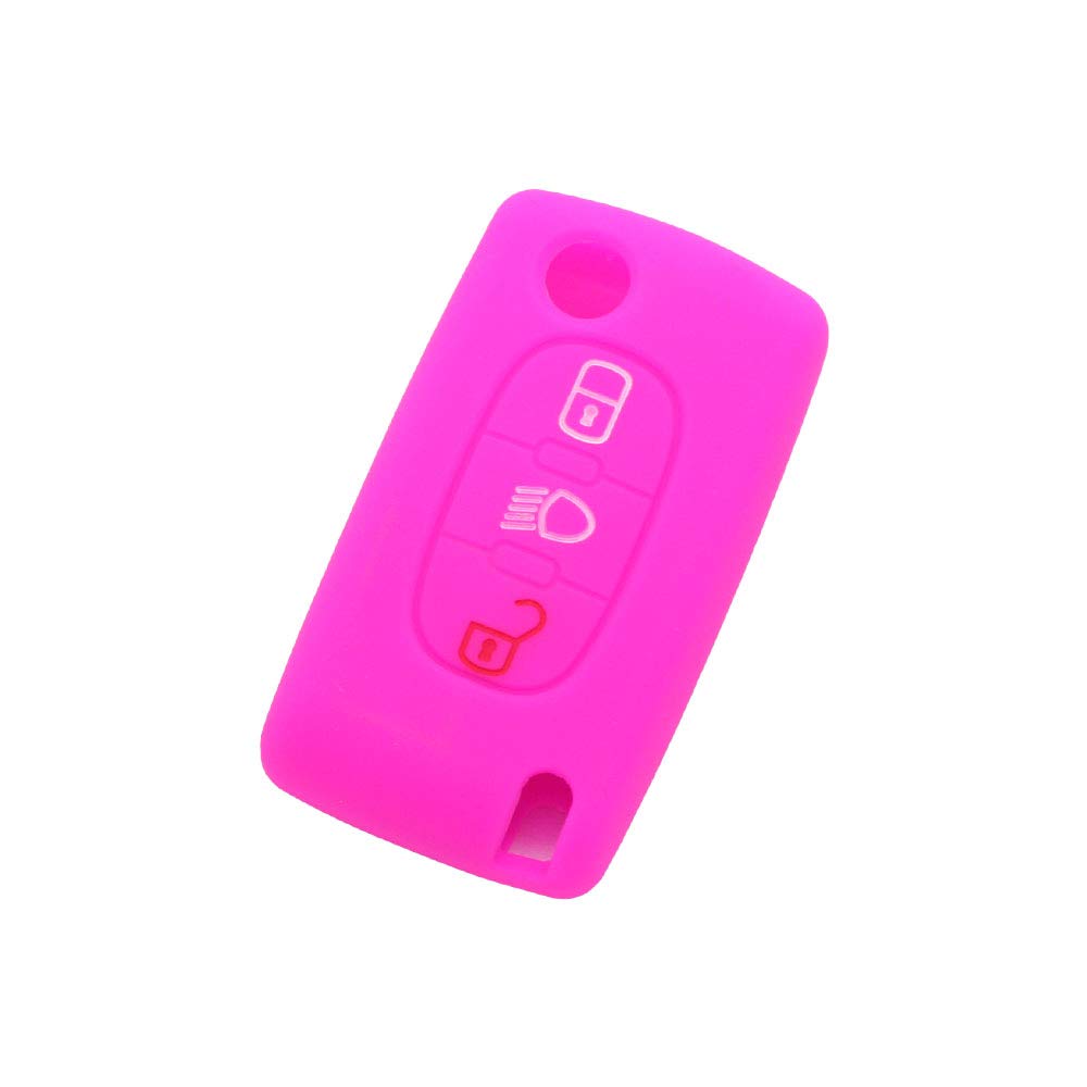 BROVACS Silicone Cover Protector Case Holder Skin Jacket Compatible with PEUGEOT CITROEN 3 Button Flip Remote Key Fob w/Light Symbol CV9305 Rose