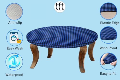 Image of The Furnishing Tree Round Elastic Fitted Center Tpoy Table Cover WxL 24x24 Inches Checkered Pattern Blue