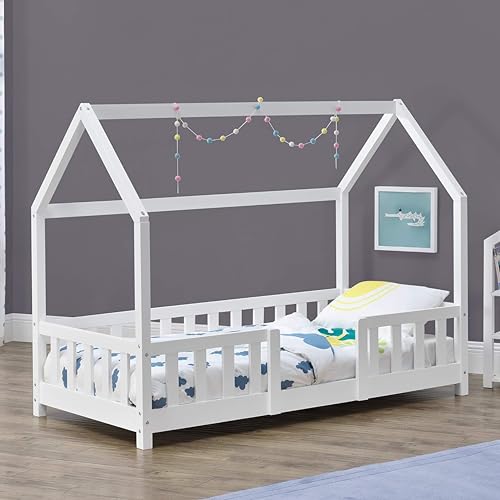 [en.casa] Children's bed Sisimiut House bed 70 x 140 cm with fall-out protection Slatted frame Pine White - Image 2