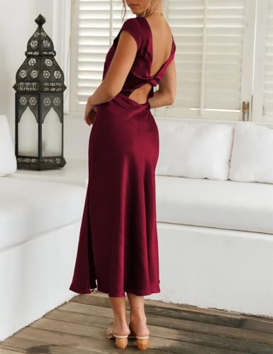 Women's Summer Satin Elegance Backless Twist Cap Sleeves Midi Dress 2025 Sexy Cowl Neck Slit Cocktail Wedding Guest Dresses4