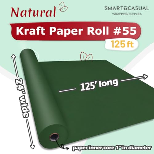 Image of SMART&CASUAL 24 inch x 1,500 inch (125') Dark Green Kraft Craft Paper Roll for Gift Wrapping Bulletin Board Bouquet Flower Art Packing Parcel Table Covering 80GSM 55LB (Dark Green, 24 inch x 125')