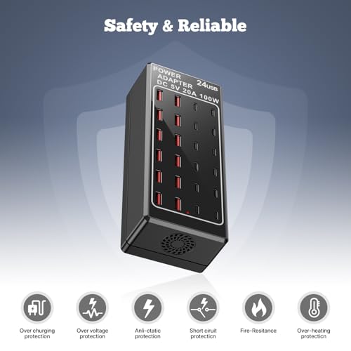 USB Charger Station, C Charging Block, 100W (20A) 24 Port Multiple USBCharger Desktop Wall Charger Hub 12 USB A 12 USB C Compatible for Apple iPhone, iPad, Samsung Galaxy, Laptop, Pixel, Phones