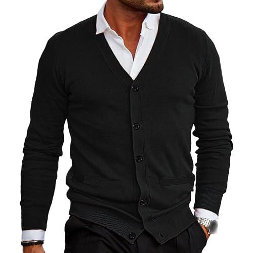 Men's Slim Fit V Neck Cardigan Sweater V Neck Knitted Coat for Men Wool Blend Button up Sweater with Pockets