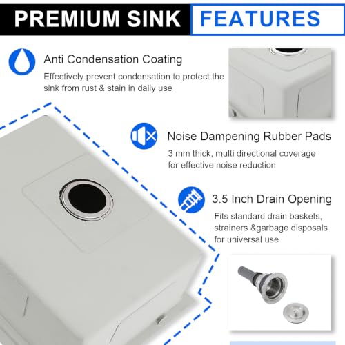 Image of 24 x 19 Inch Undermount Kitchen Sink, 16 Gauge Stainless Steel Single Bowl Under Counter, 24 inchx19 inchx9 inch Small Wet Bar Sink for Laundry Utility & RV with Drain