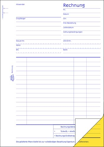 AVERY Zweckform 1730-10 Rechnung (A5, 2x40 Blatt, selbstdurchschreibend mit farbigem Durchschlag, enthält alle vom Finanzamt geforderten Angaben) 10er-Pack, Blau/weiß