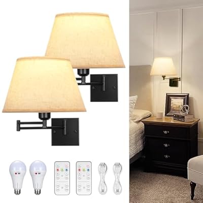 Glitnous Battery Operated Wall Sconce, Swing Arm Wall Sconce, Wall Sconces Battery Operated, Set of 2 Rechargeable Wall Sconce, No Wiring Dimmable Wireless Wall Sconce/Lamp for Bedroom (Large)