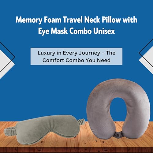 Image of BLISSCLOUD Memory Foam Travel Pillow for Neck Support with Supersoft Eye Mask for Sleeping with Adjustable Strap Combo, Full Comfert & Relaxing Travel Pillow & Eye Mask for Travel & Sleeping - Grey