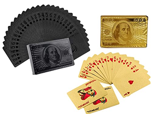 IvyMei 2 Pack Plastic Gold Playing Cards Dollar Black Playing Cards Waterproof,PVC Poker Cards Gold Foil Playing Card