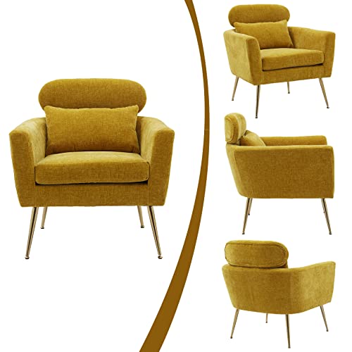 Mikibama Mid Century Modern Accent Chair Upholstered Reading Chair Sofa Chair With Metal Legs And Throw Pillow Side Chair For Living Room Bedroom Dorm Room Office (Mustard, Chenille) #TOP1