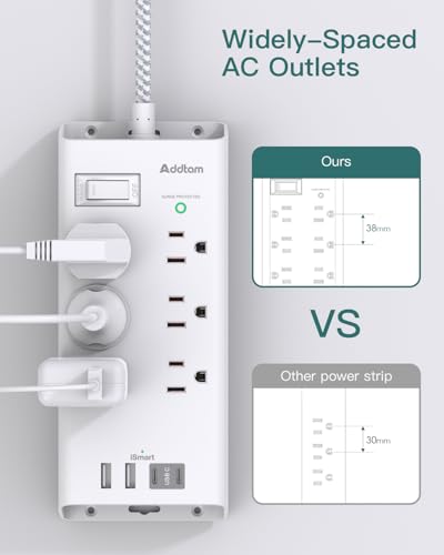 Image of Addtam Power Strip Surge Protector 6 Outlets and 3 USB Ports 5Ft Long Extension Cord, Flat Plug Overload Surge Protection Outlet Strip, Wall Mount for Home, Office and Dorm