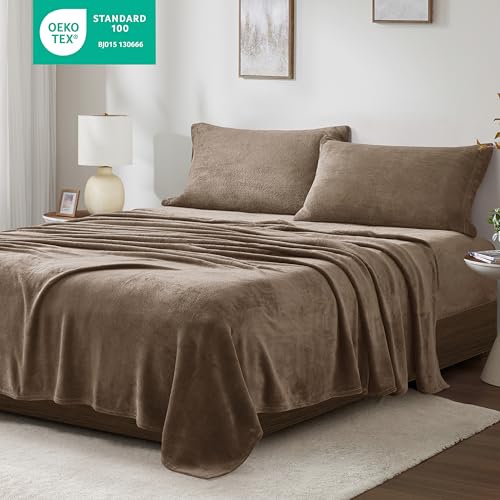 Image of True North by Sleep Philosophy Plush Sheet Set Full, Solid Color, Warm & Soft Bedding Full Size Sheets, Fitted Pocket Fits Up to 16 inch Mattress, Soloft, Full, Brown, 4 Piece